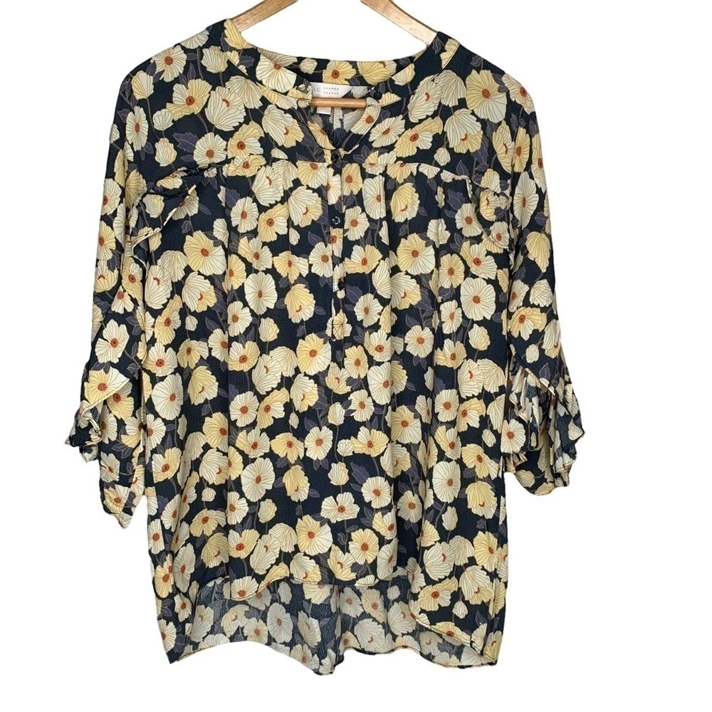 LC LAUREN CONRAD Ladies Large Yellow Floral Print- 3/4 Ruffle Sleeve
